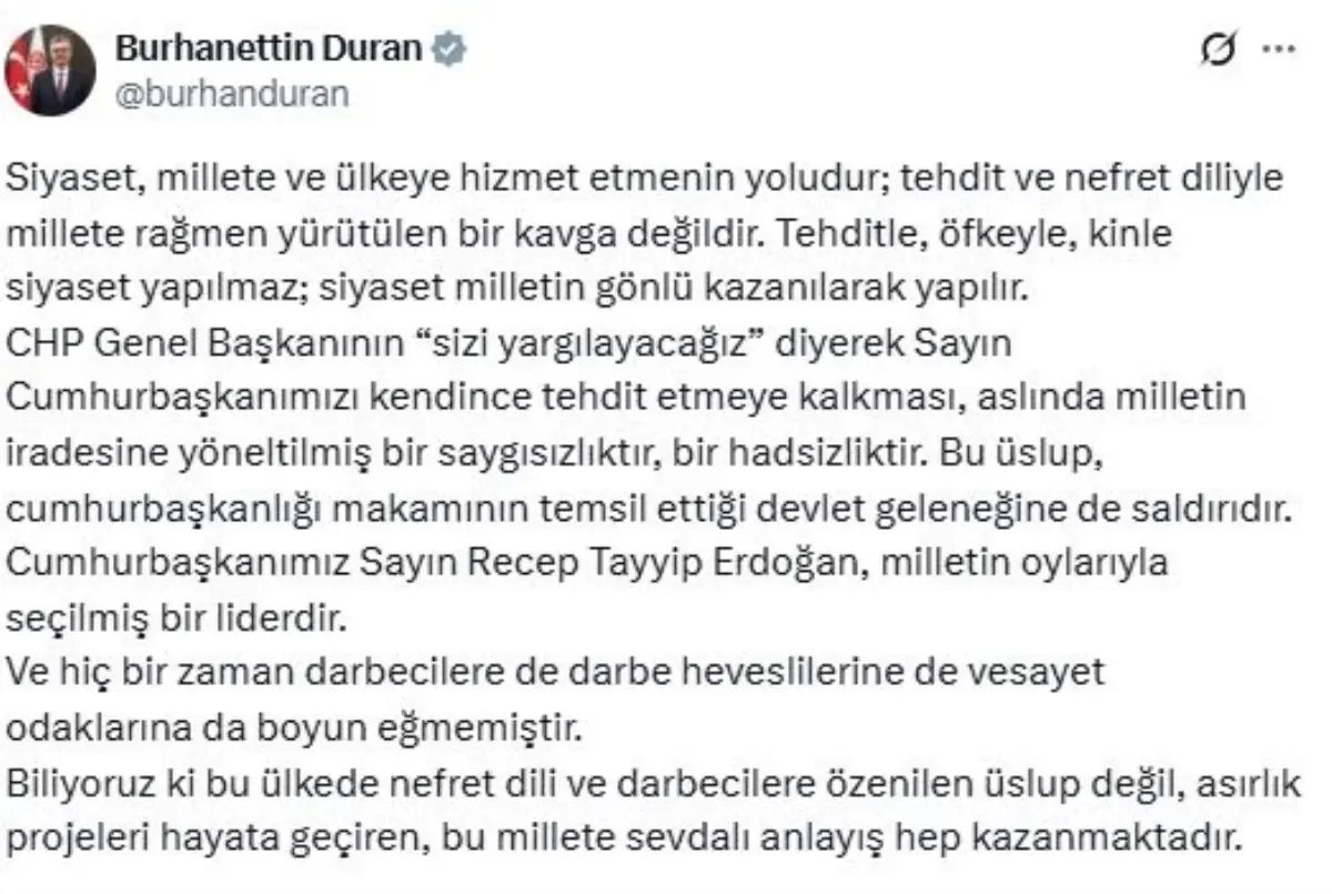 İletişim Başkanı Duran’dan Özgür Özel’e Tepki: Siyaset Tehdit ve Nefret Diliyle Yapılmaz